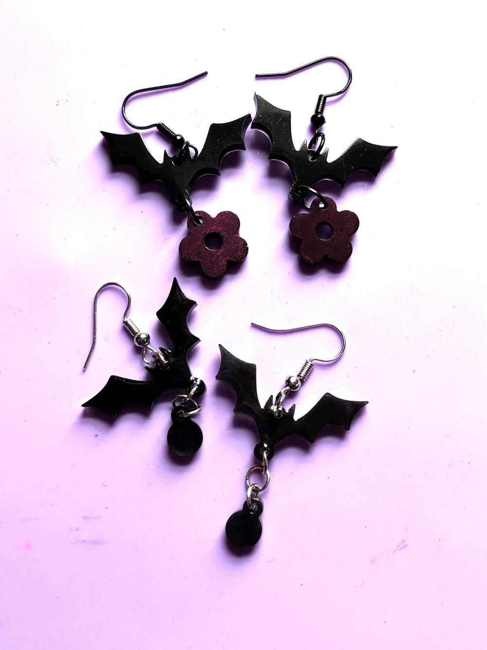Gothic Bat Earrings: Two Pair with Reddish Flower Detail