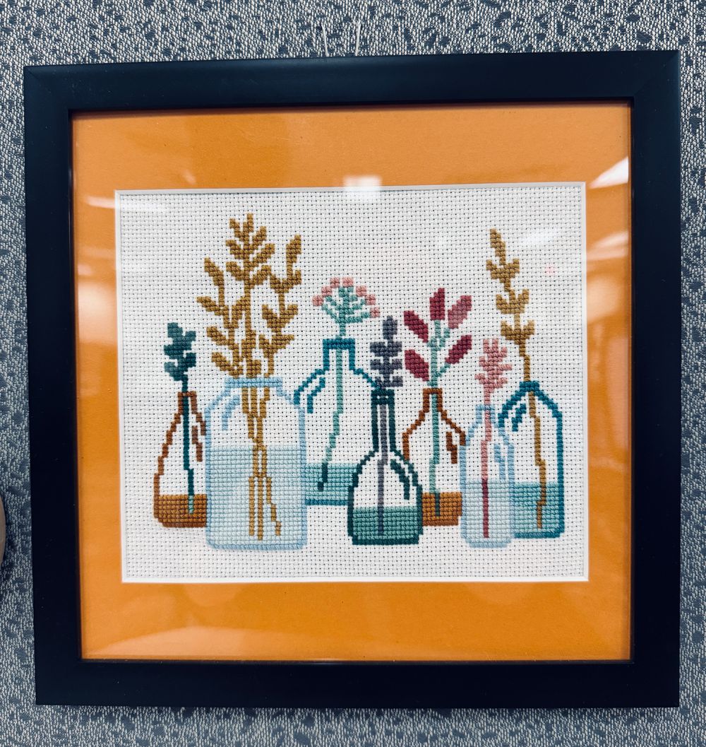 Colored Bottles Cross Stitch - Framed