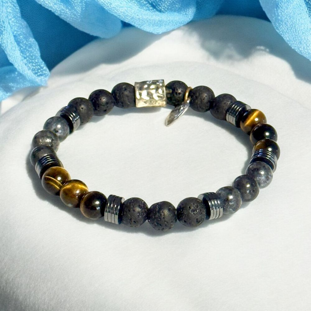 Stretch Bracelet | Lava Stone and Black Larvikite