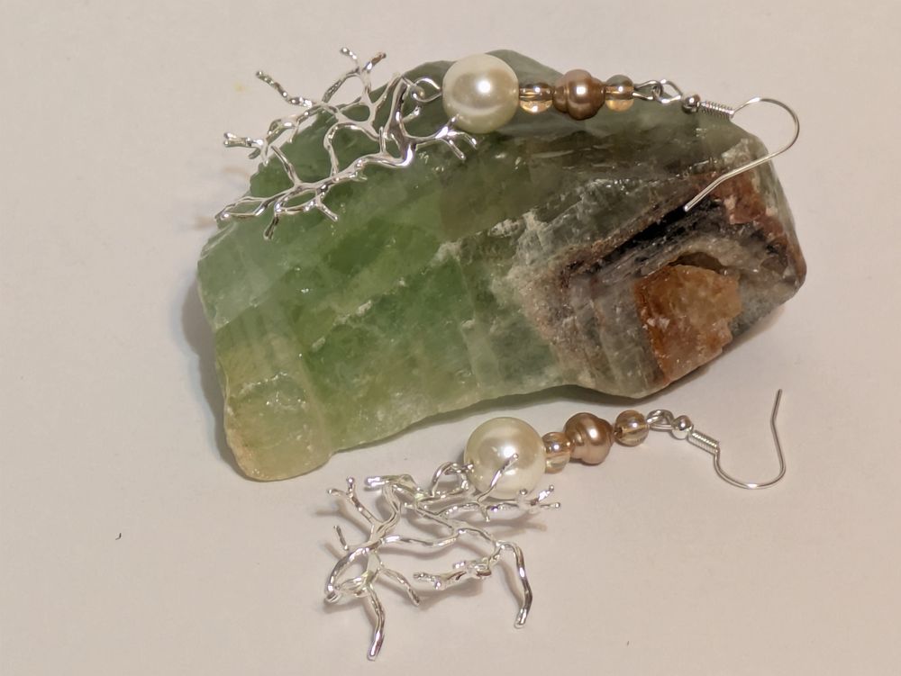 Faux Pearl and Silver Root Accented Earrings