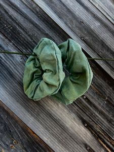 Green scrunchies dyed with Marigold and Indigo