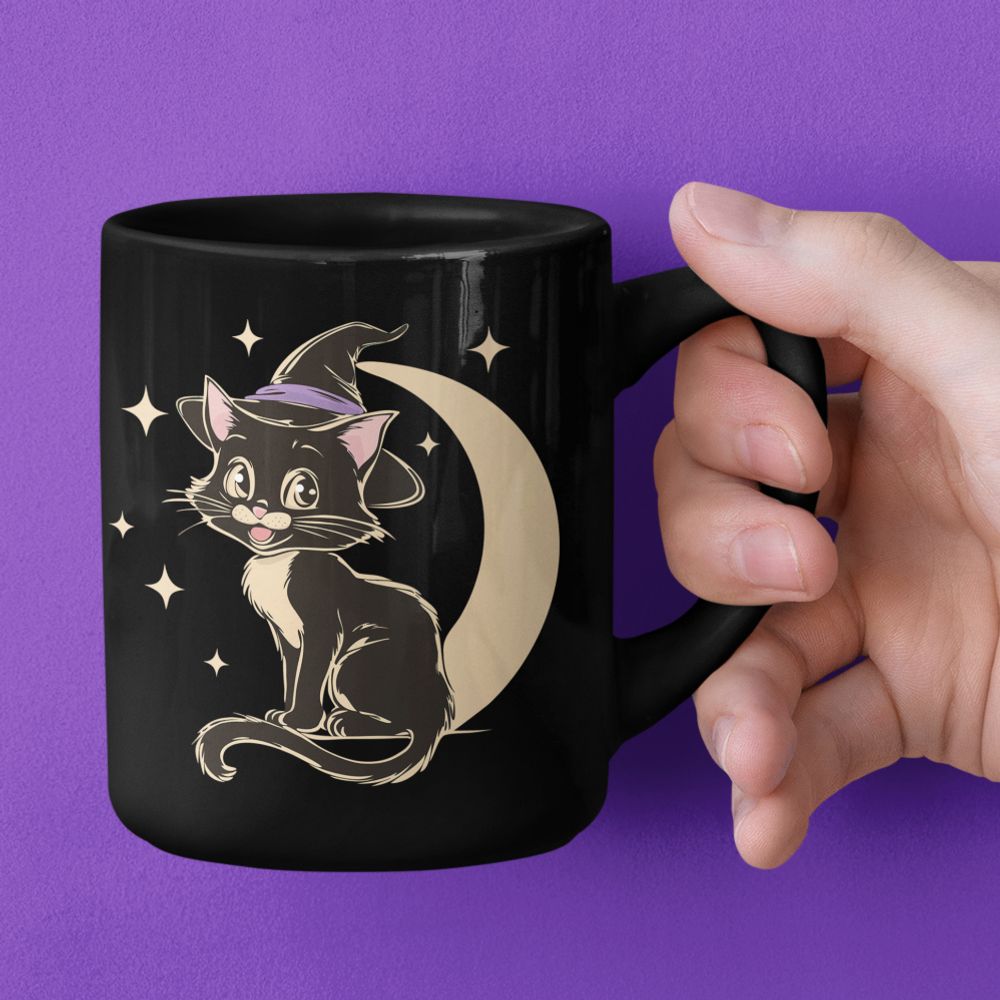 Witchy Kitty Black Ceramic Coffee Mug 
