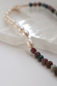 Closer look at the freshwater pearls, Indian agate beads, and silk knotting on the Siena Necklace.