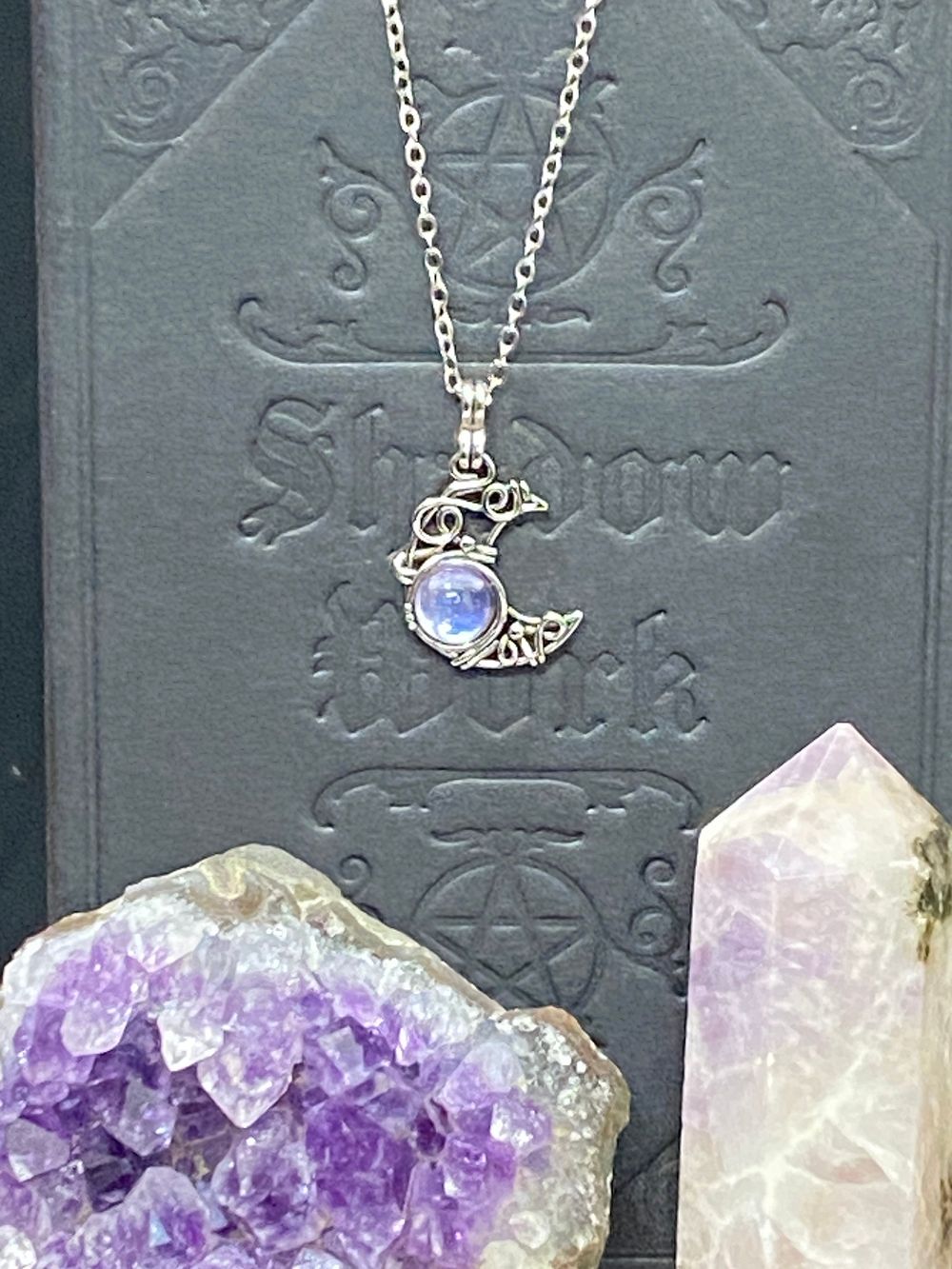 Moonstone Like Pendant – Wire Wrapped Lunar Necklace on Stainless Steel Chain