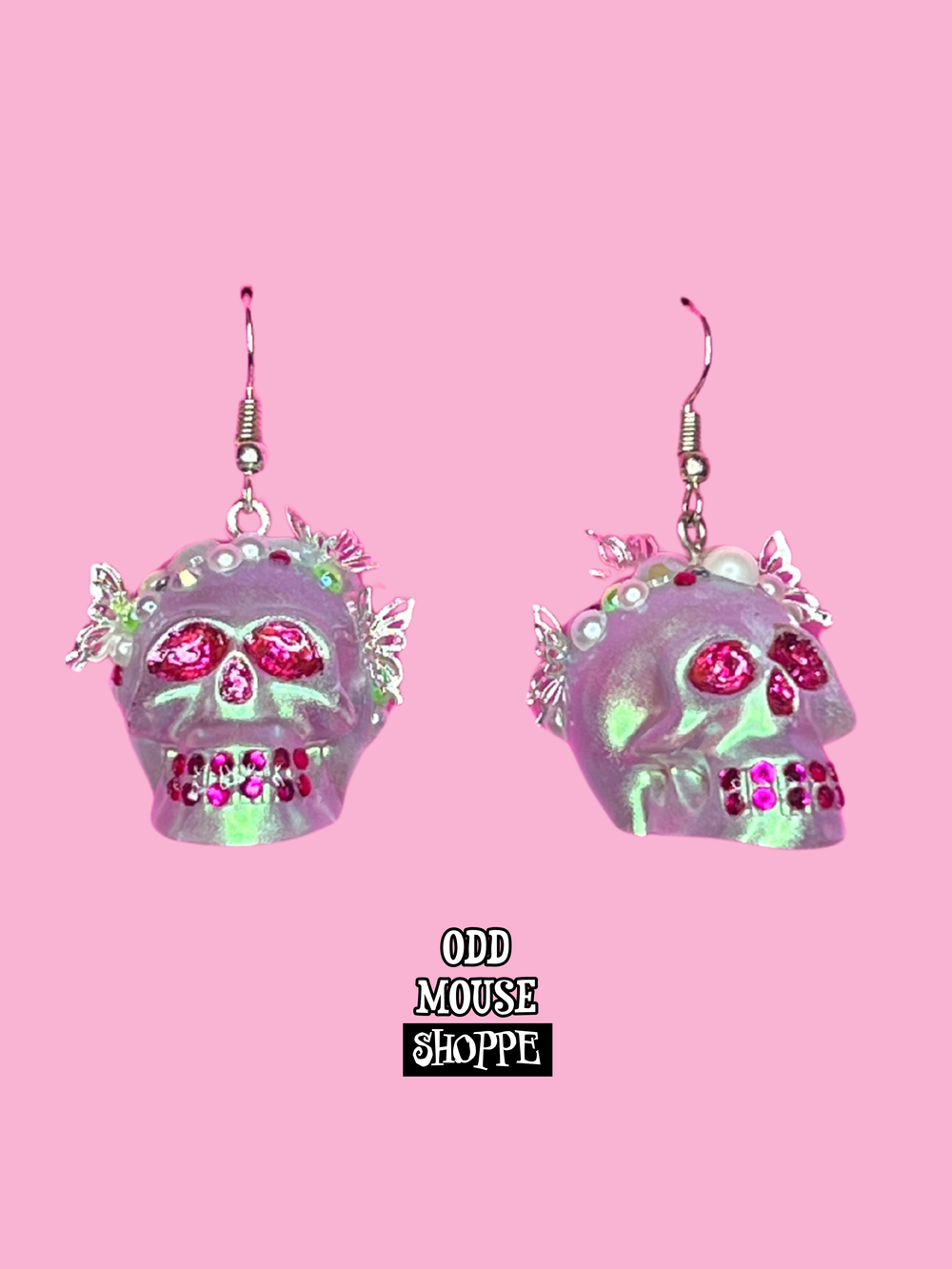 Skull Earrings Green Sheen Pink