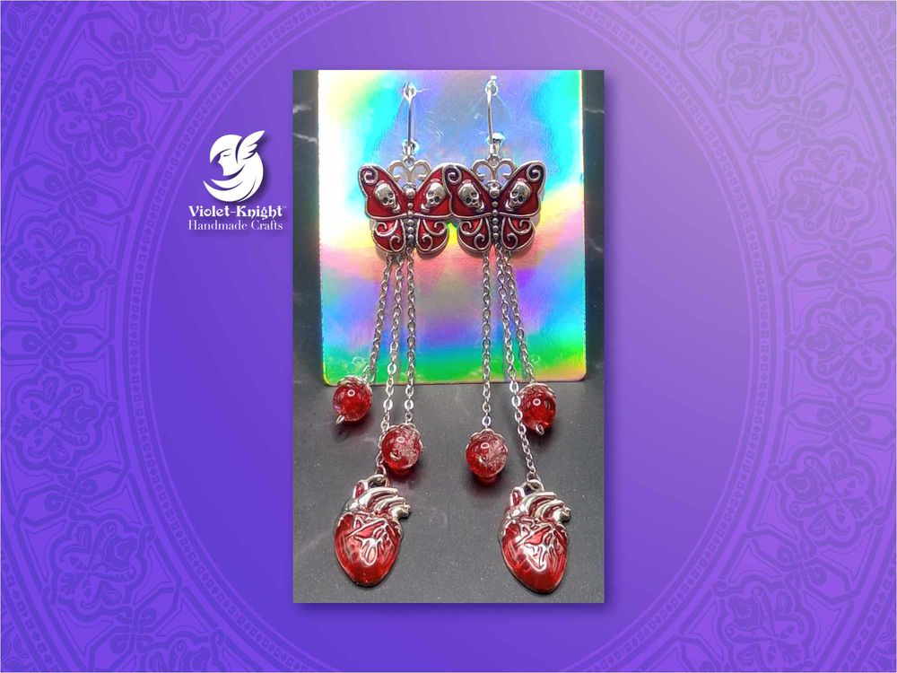  Red Skull Butterfly and Heart Charm Dangle Earrings 