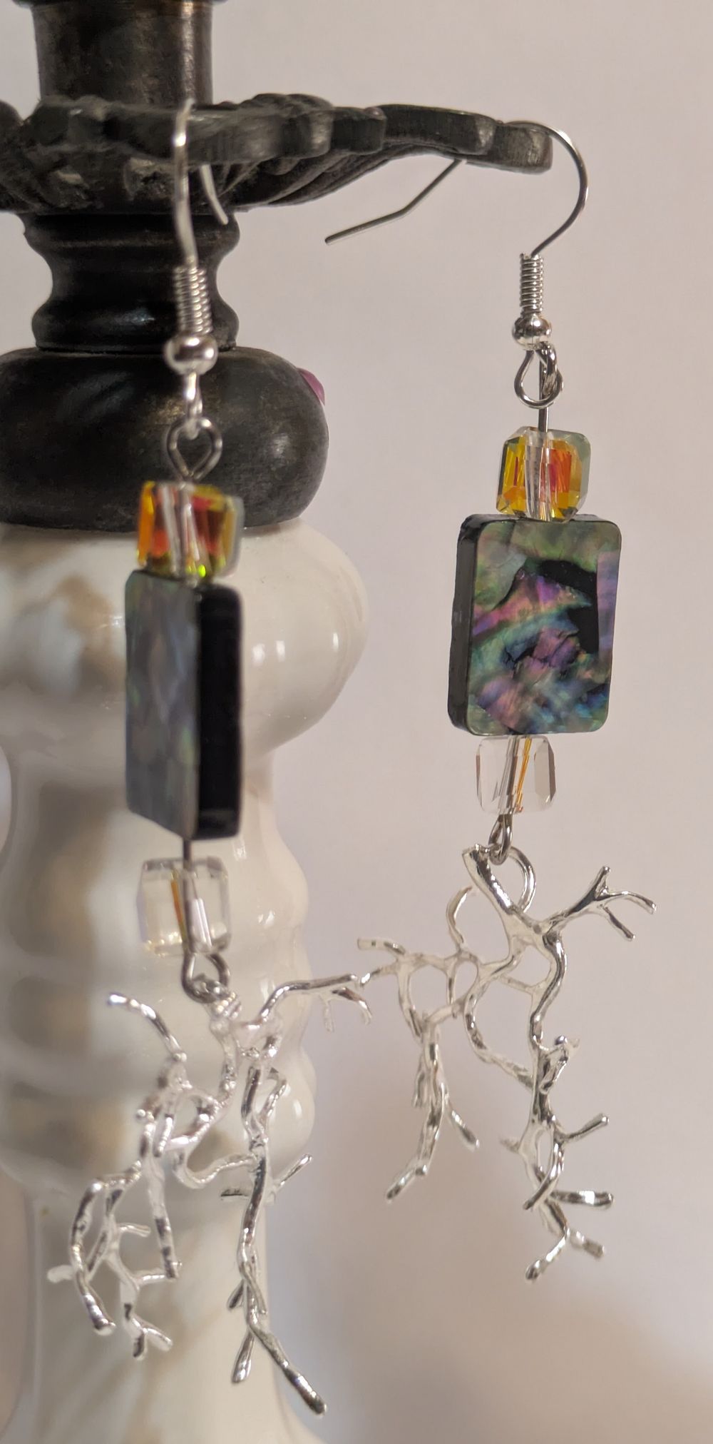 Silver root earrings with faux abalone and glass beads