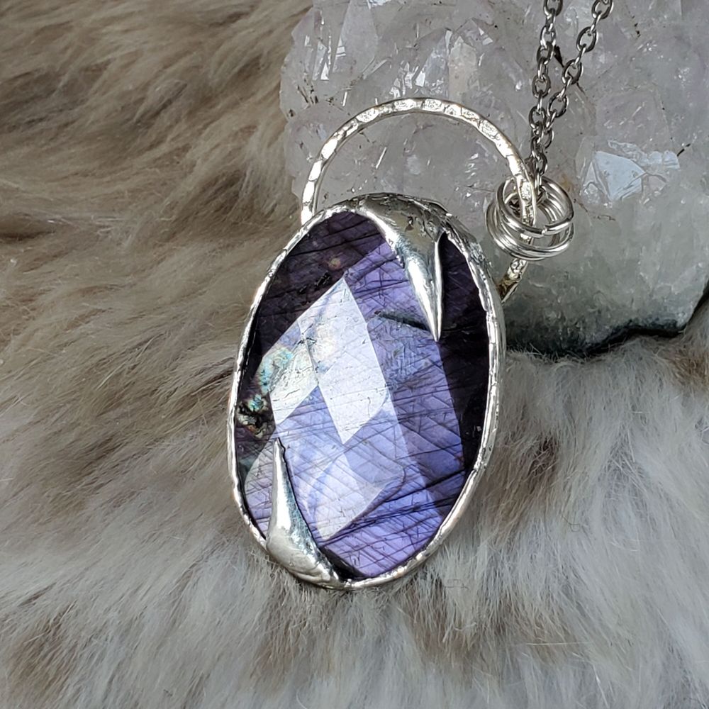 Cyclone- Silver Soft Solder Necklace with Faceted Purple Lab...