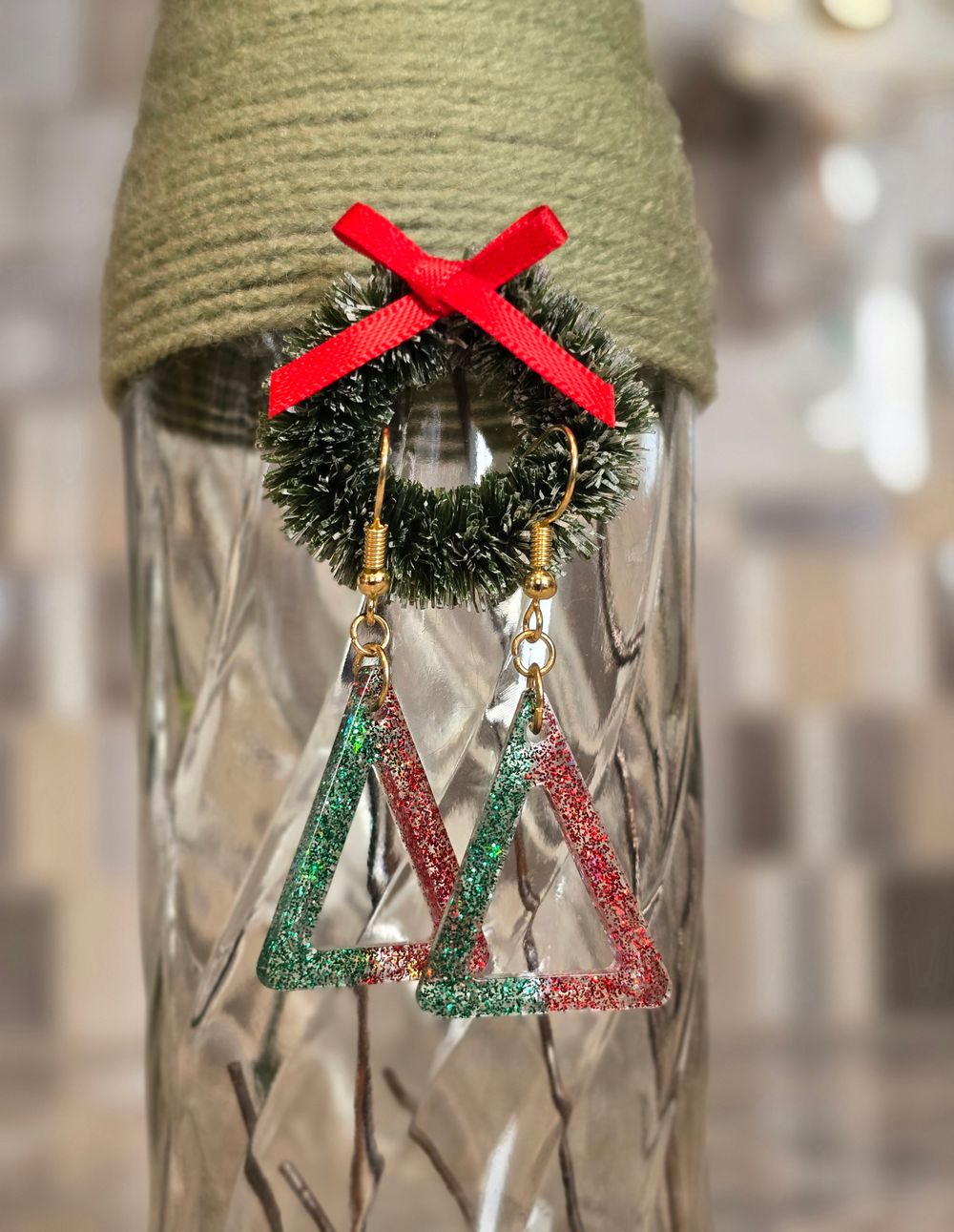Green & Red Triangle Earrings