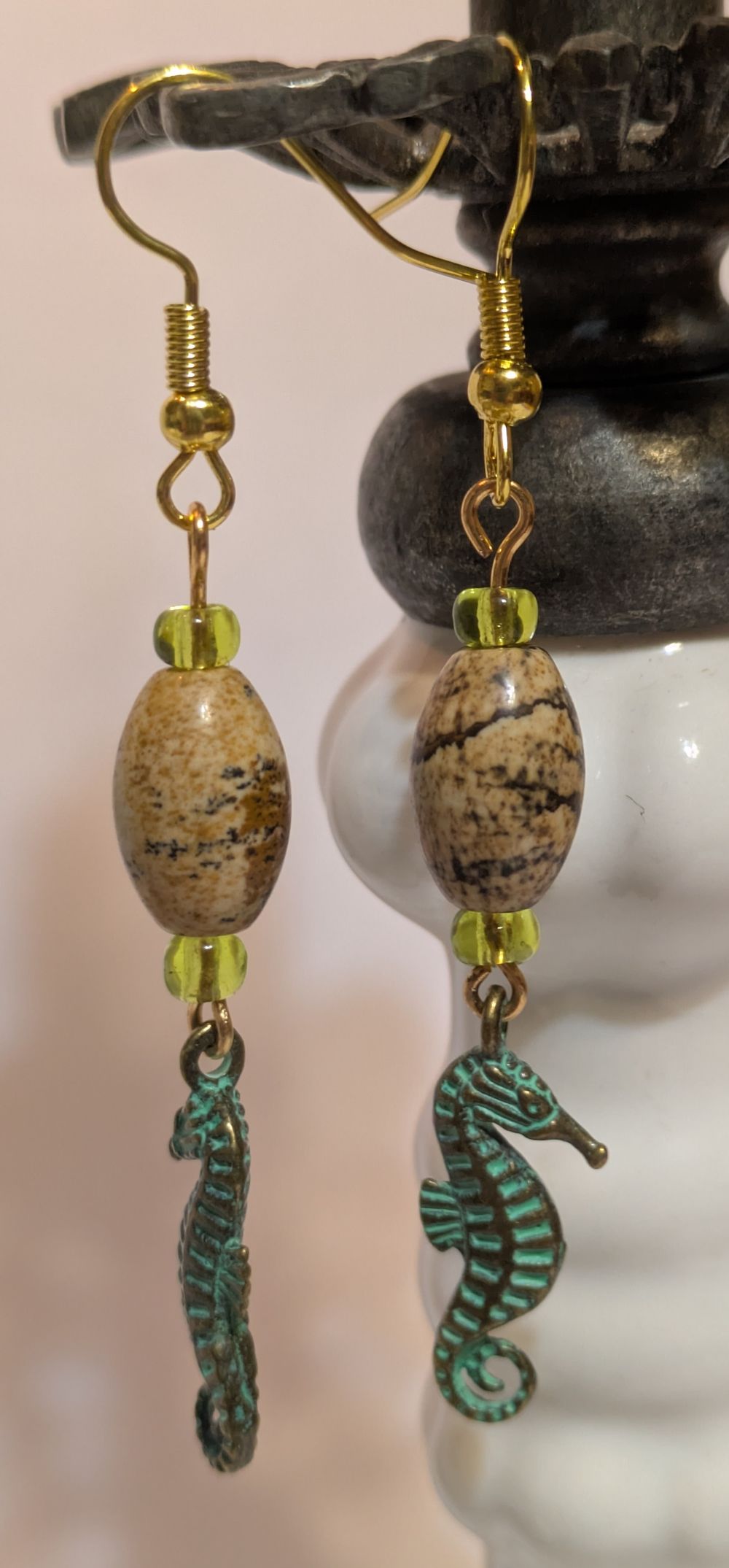 Love seahorse earrings with stone bead accents