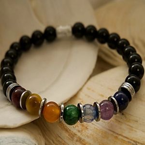8" - Black onyx, ruby red jade, golden tigereye, orange jade, green quartz, indigo, amethyst, hematite, and lapis