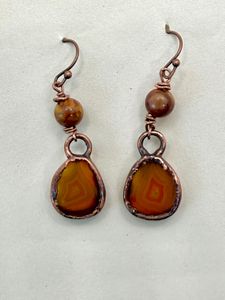 copper electroformed red Montana agate dangle earrings 