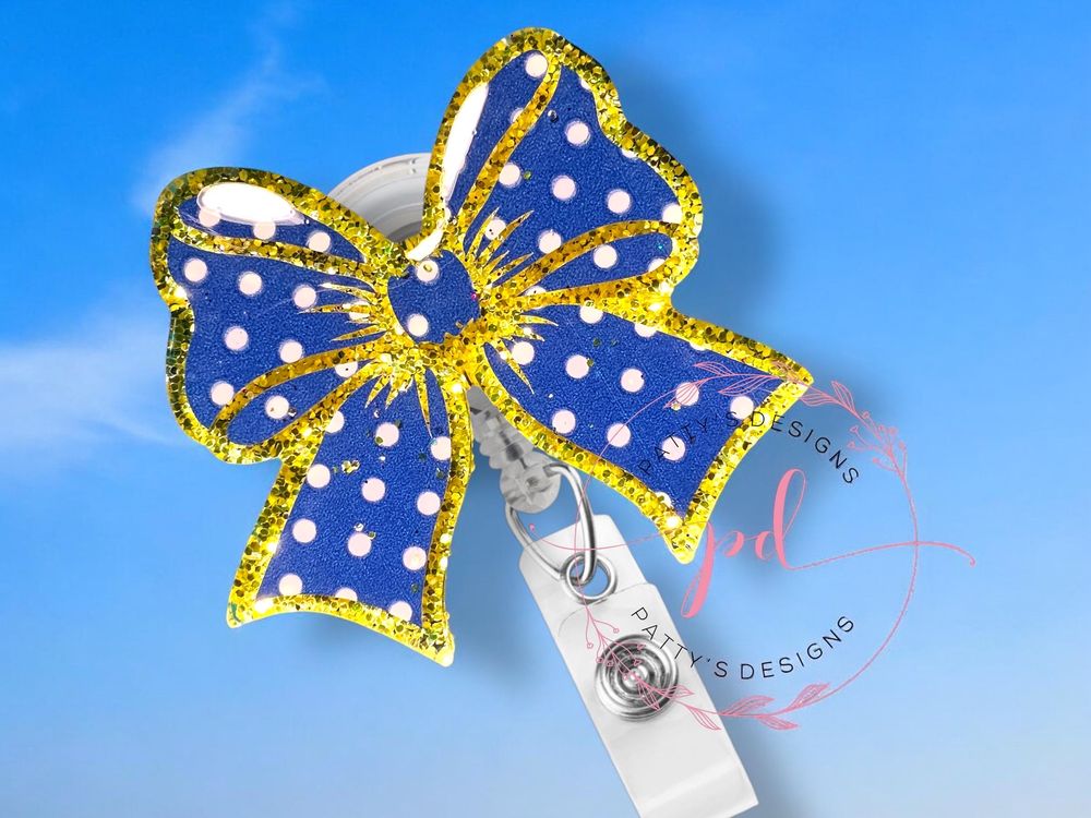 Blue Bow white Ploka Dots Badge Reel