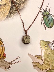 Copper electroformed small, raw pyrite cube necklace 17” chain