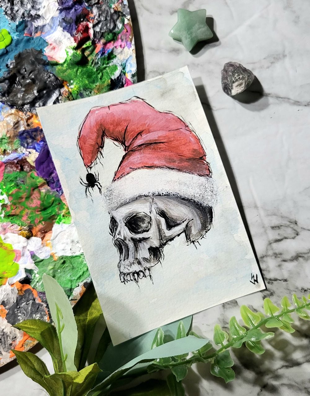 Original Painting - Skull St Nick - Acrylic on Paper 