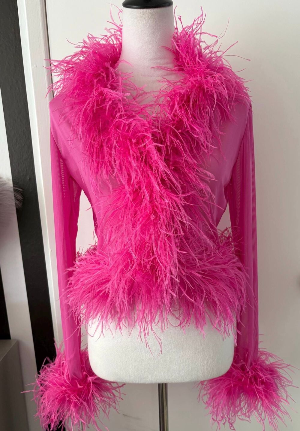 Hot Pink Long Sleeve Mesh Bolero with Ostrich Feather Trim
