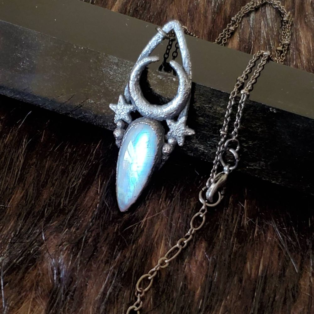 Moon Glow Copper Electroformed Necklace with Rainbow Moonsto...