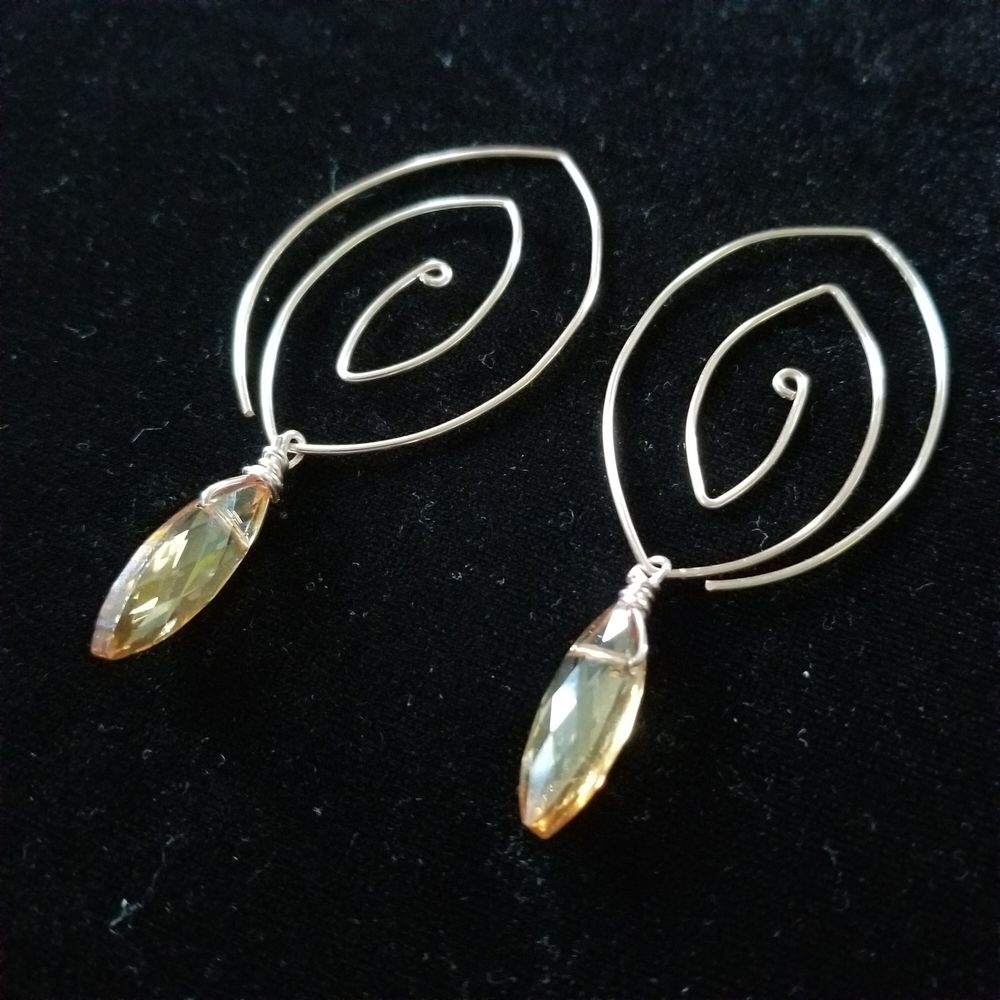 Sacred Spiral Hoop Earrings with Faceted Czech Glass Drops