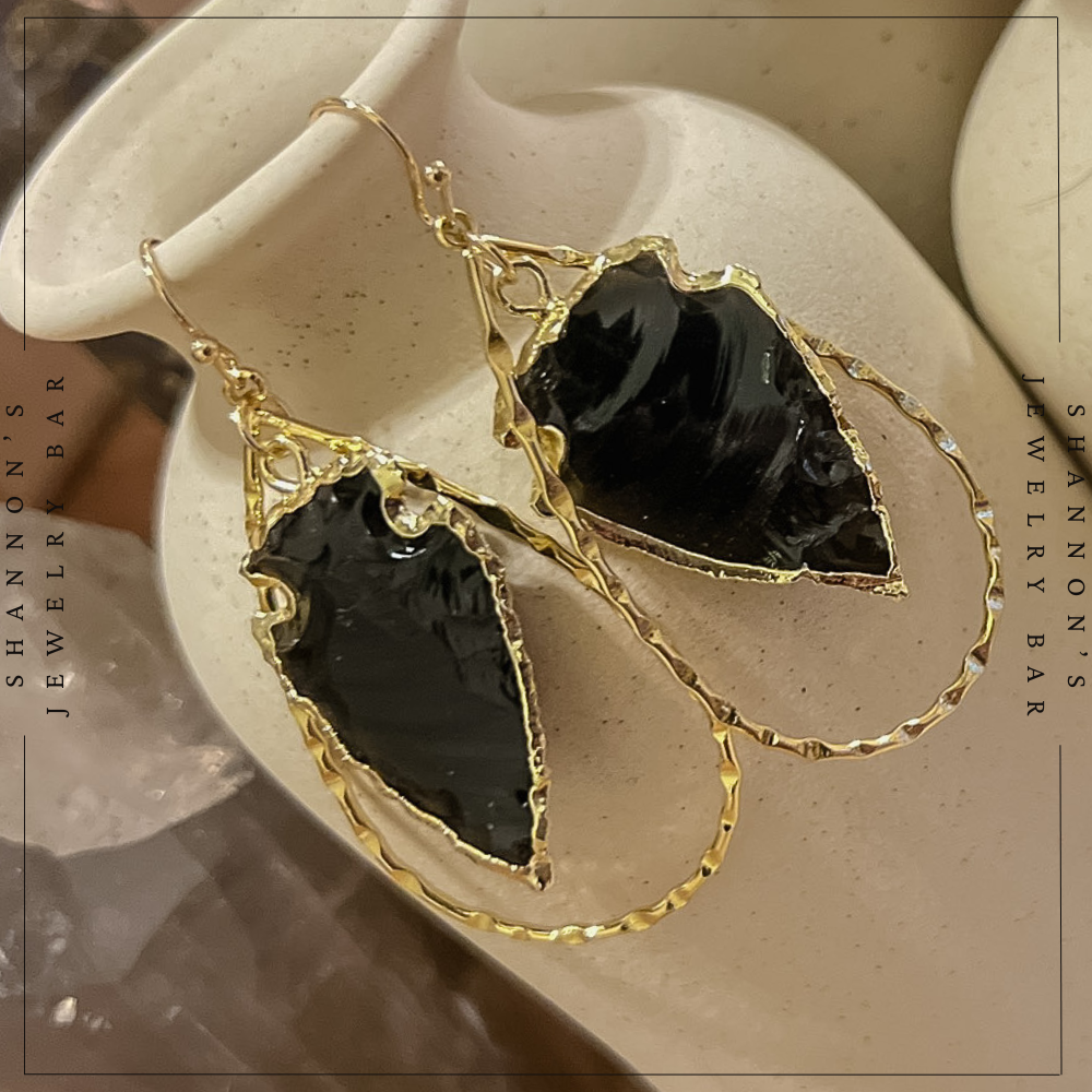 Handmade Obsidian Arrowhead Hoop Earrings 18K Gold Plated