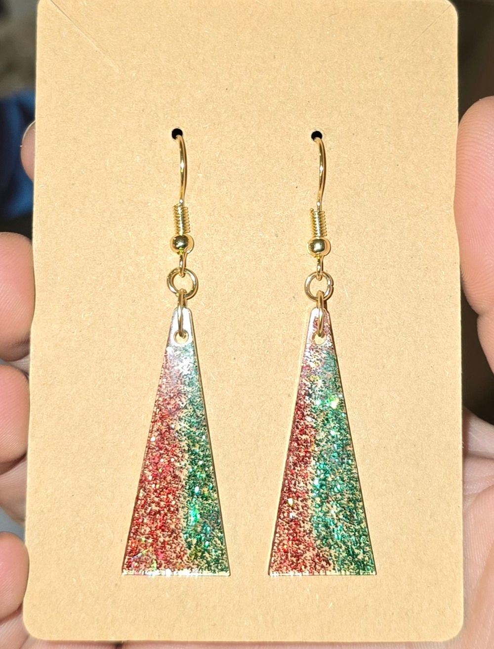 Red & Green Glitter Triangle Tree Earrings