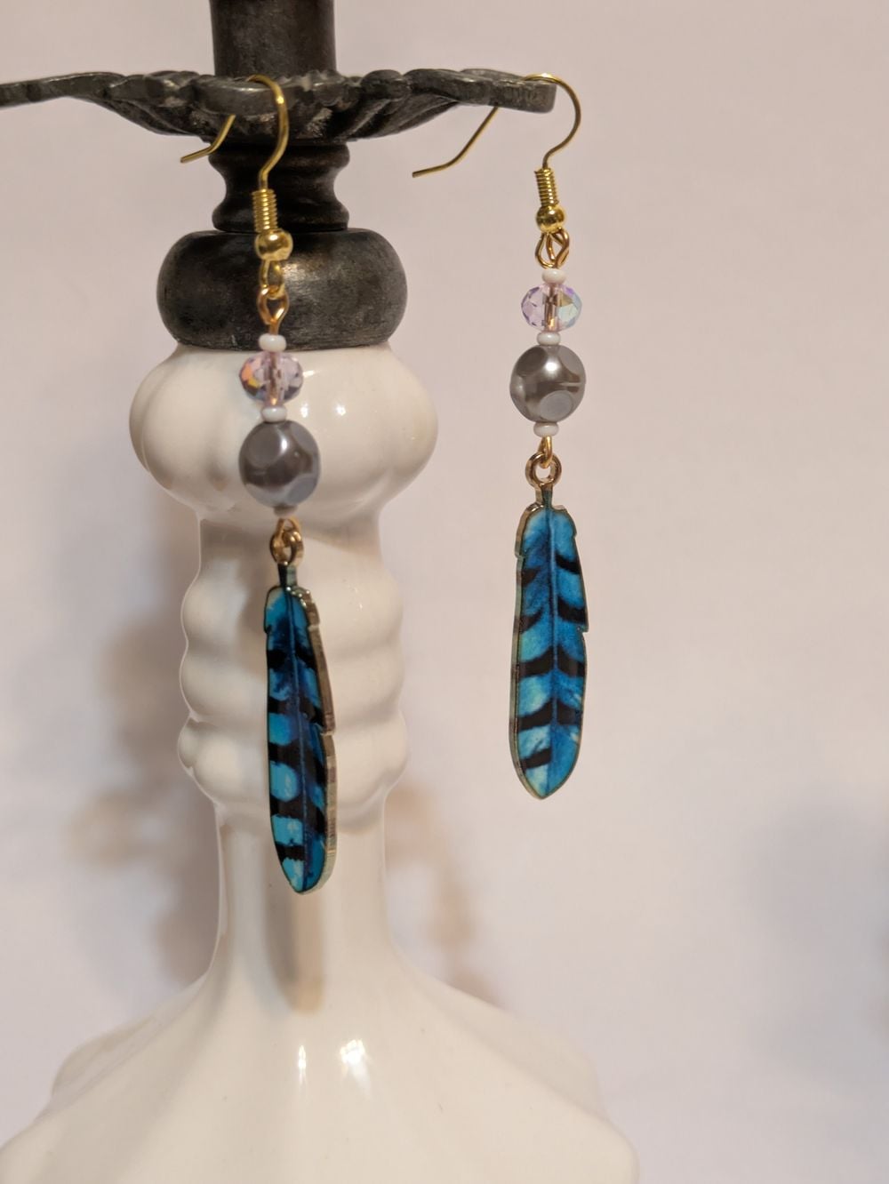 Blue bird enamel feather earrings with faux pearl bead accents