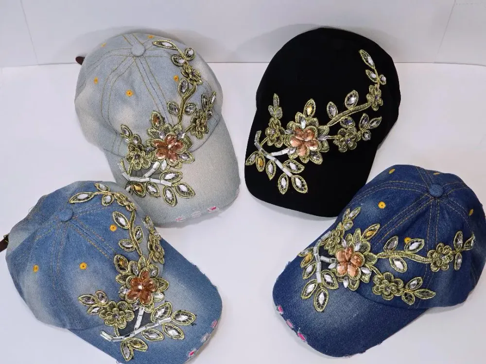 Women’s Denim Baseball Cap with Rhinestone Flower Embroidery – Adjustable Bling Sun Hat