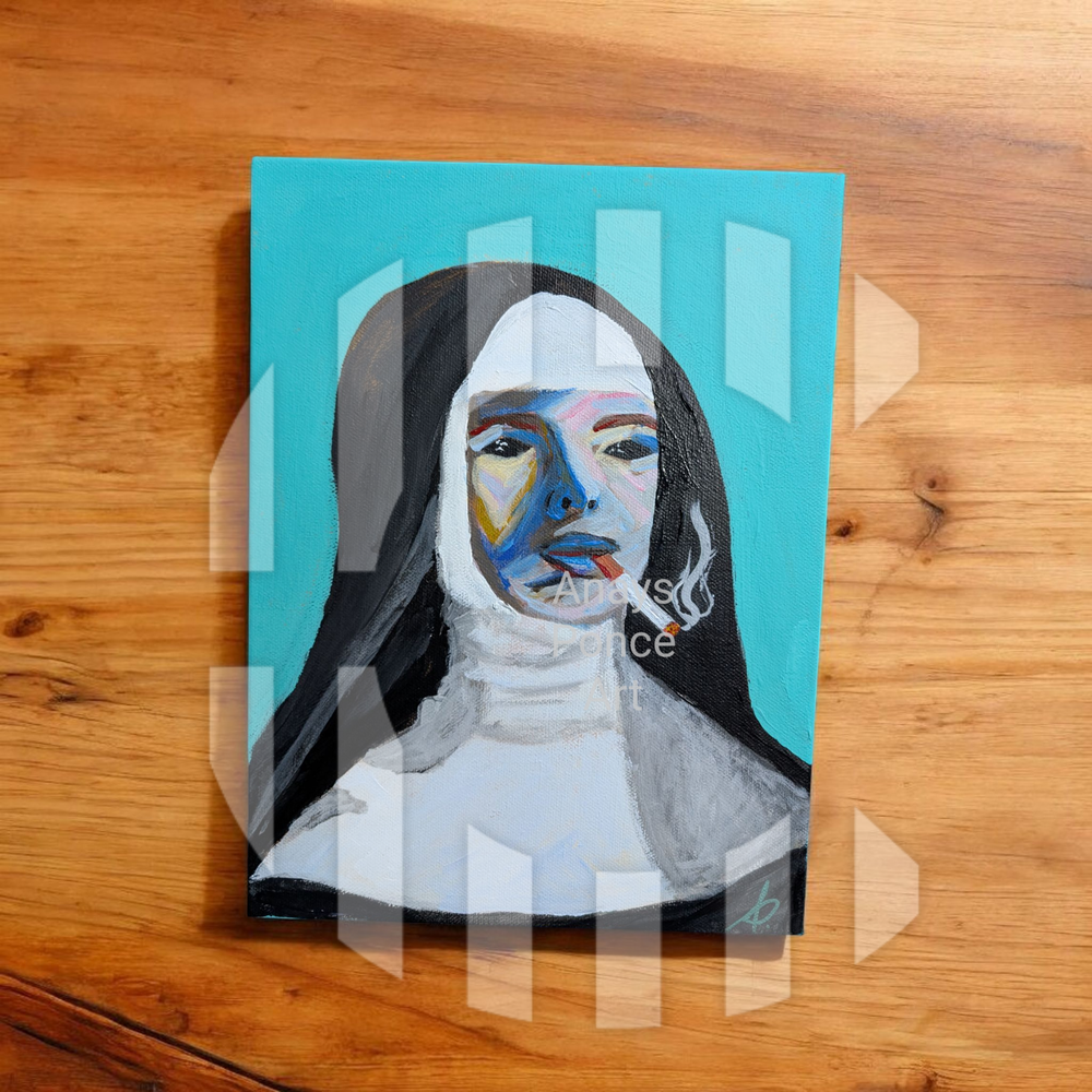 Original Painting Acrylic on Canvas Smoking Nun 9"X12"