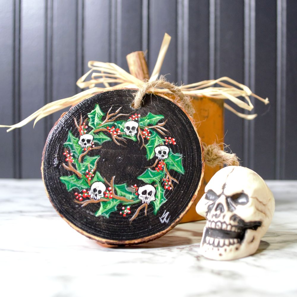 Haunted Holly Wreath - Wooden Slice Ornament