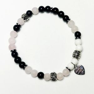 7", rose quartz, black obsidian, snow jade, and hematite with base metal spacers