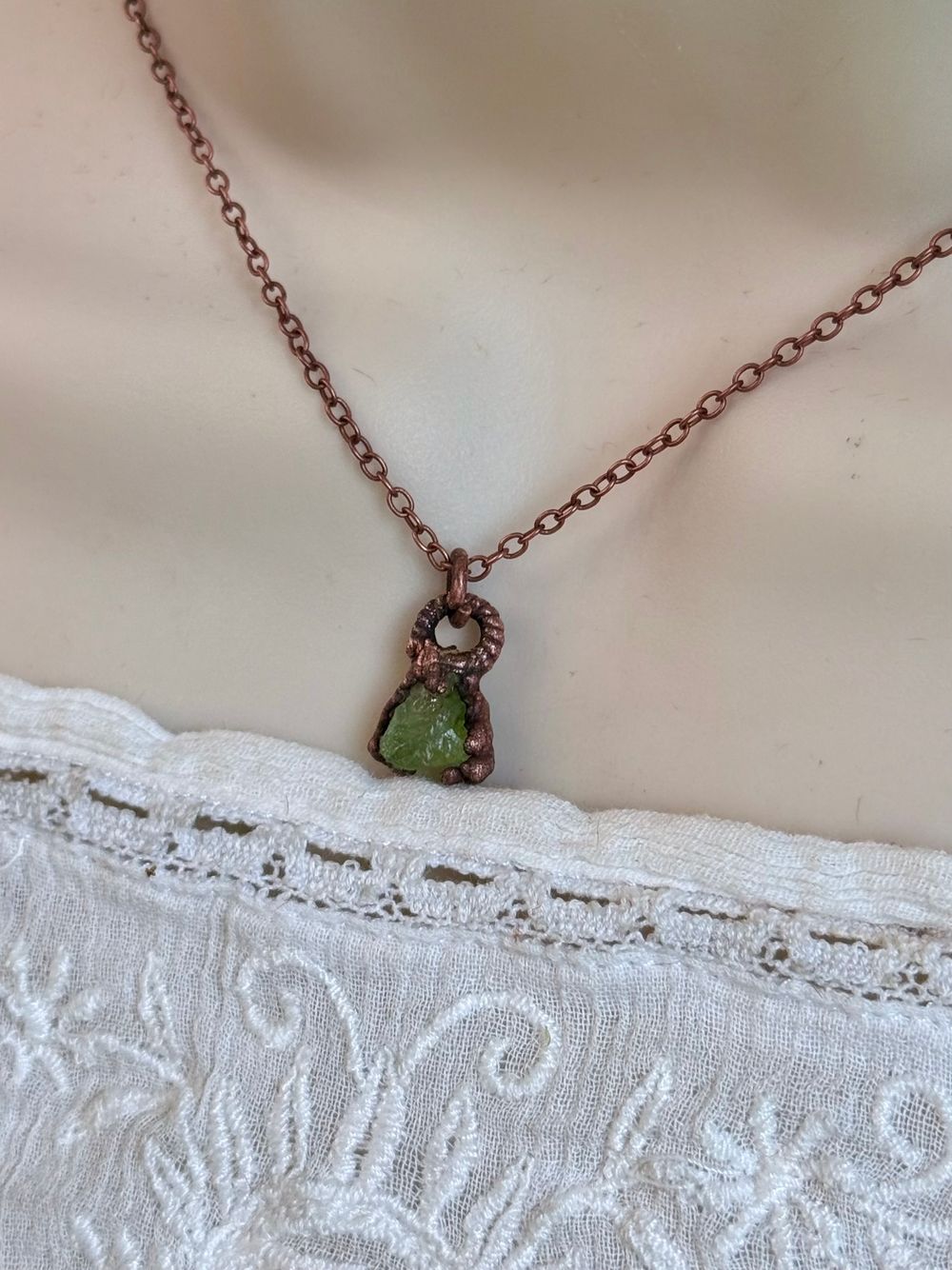 Dainty and Rustic Raw Peridot Necklace 14” Chain