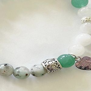 7" - Green aventine, sesame jasper, and Angola quartz with base metal spacers