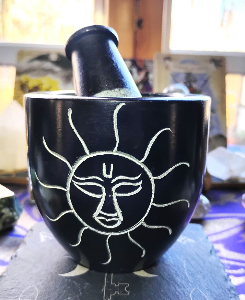 Black Soapstone Mortar and Pestle with Sun Carving