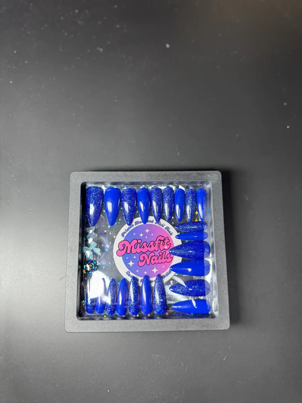 Cobalt & glitter | Full press on set | Long Almond