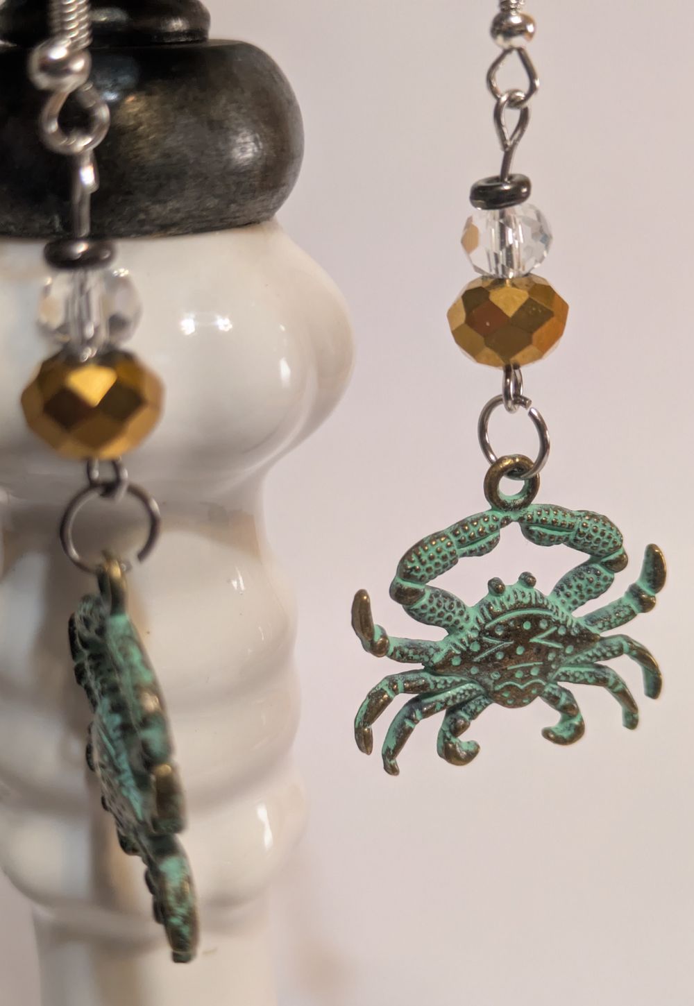 Crab earrings with faceted gold glass bead accent
