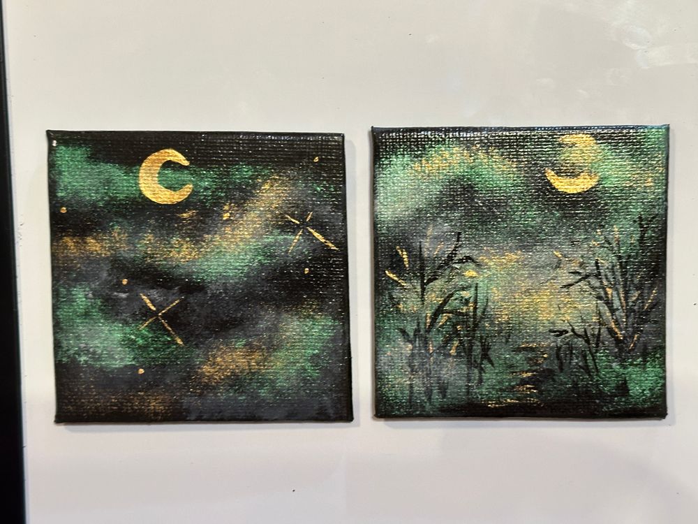 Set of 2 Crescent Moon moody mini magnetic paintings