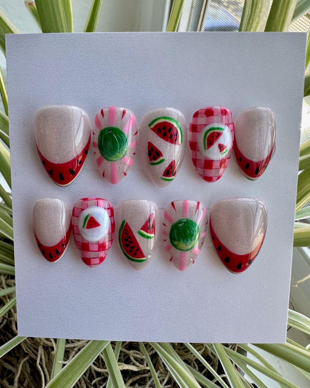 Rind & Shine | Short Watermelon Press-On Nails w/Gingham