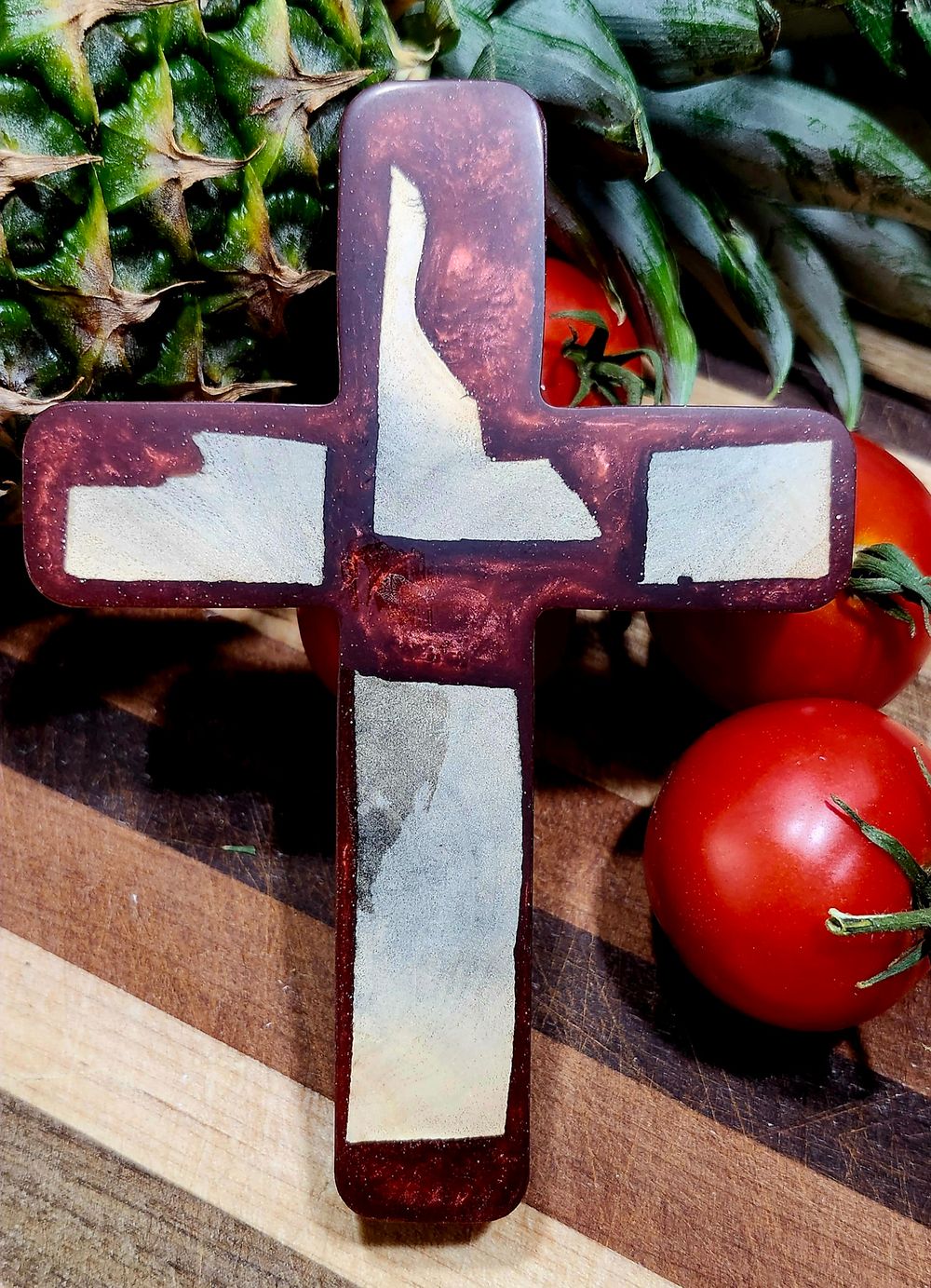Cross- California Buckeye Burl and Candy Apple Red Resin