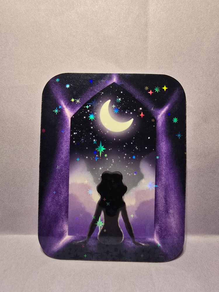 Starlit Silence Holographic Sticker • Witchy Vinyl Moon Window Art • Cosmic Night Sky • Meditation Aesthetic