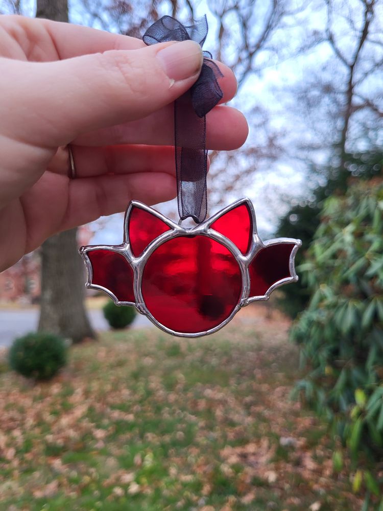 Bat Holiday Ornament Red Stained Glass
