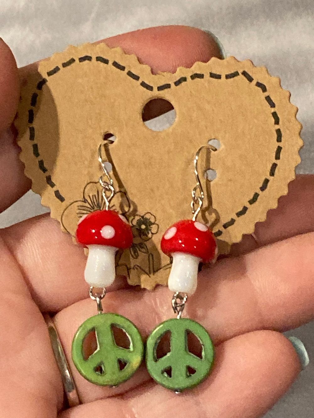 Mushroom lampwork peace sign groovy earrings