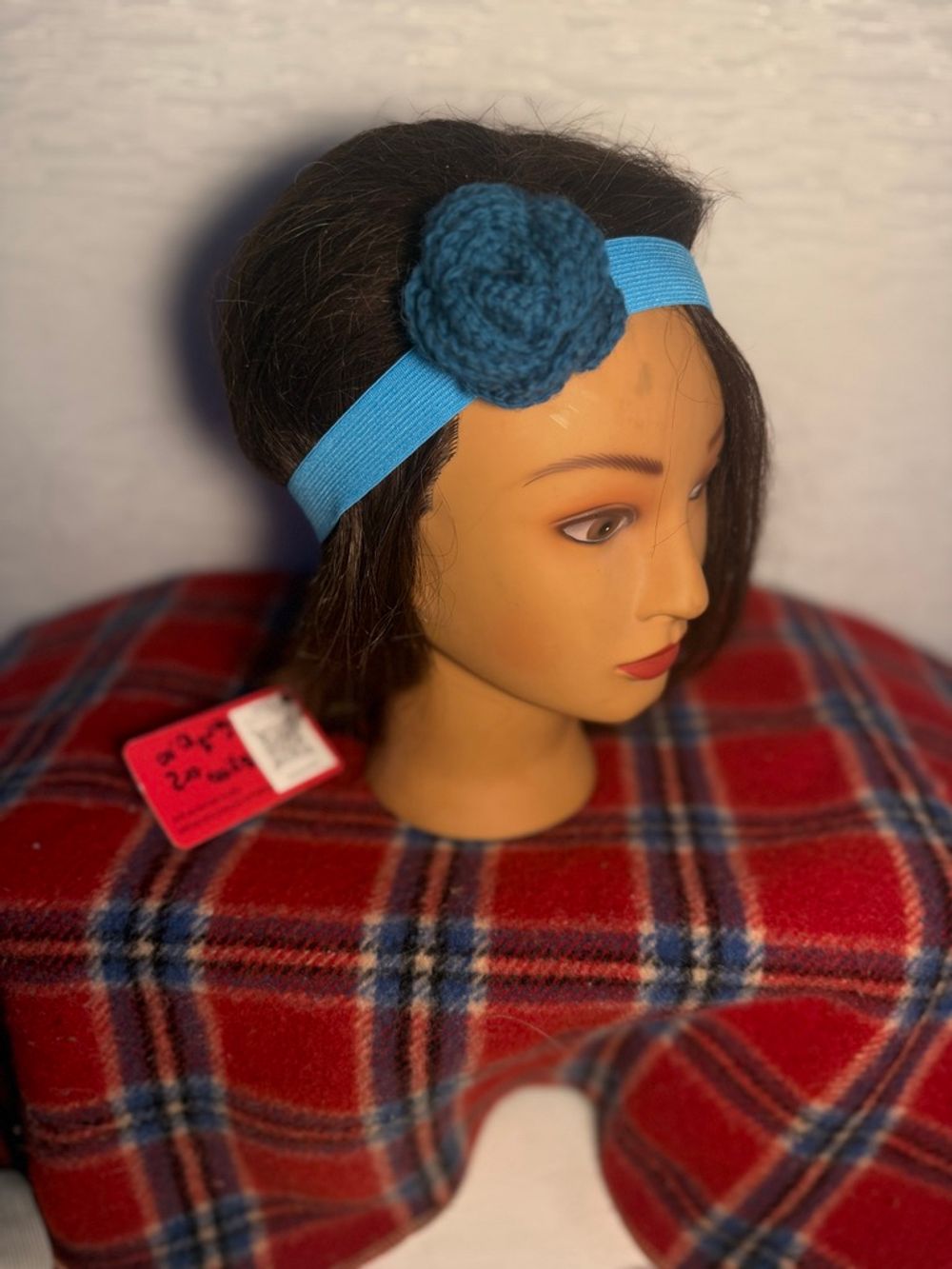 Teal Elastic Headband with Turquoise Crocheted Flower