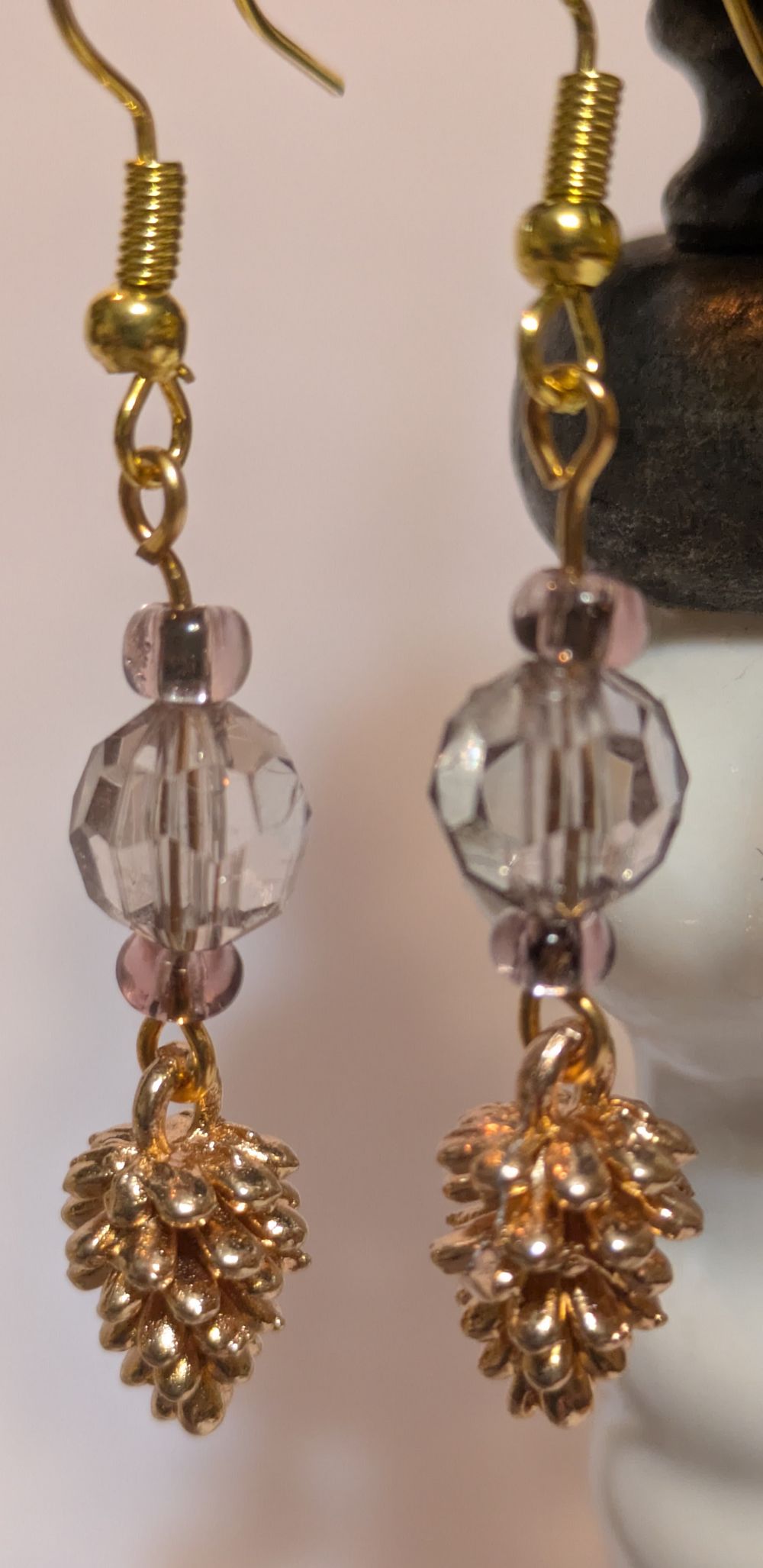Copper pinecone dangling earrings; vintage bead accents