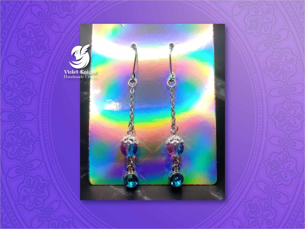  Long Blue and Pink Cracked Glass Bead Dangle Earrings with ...