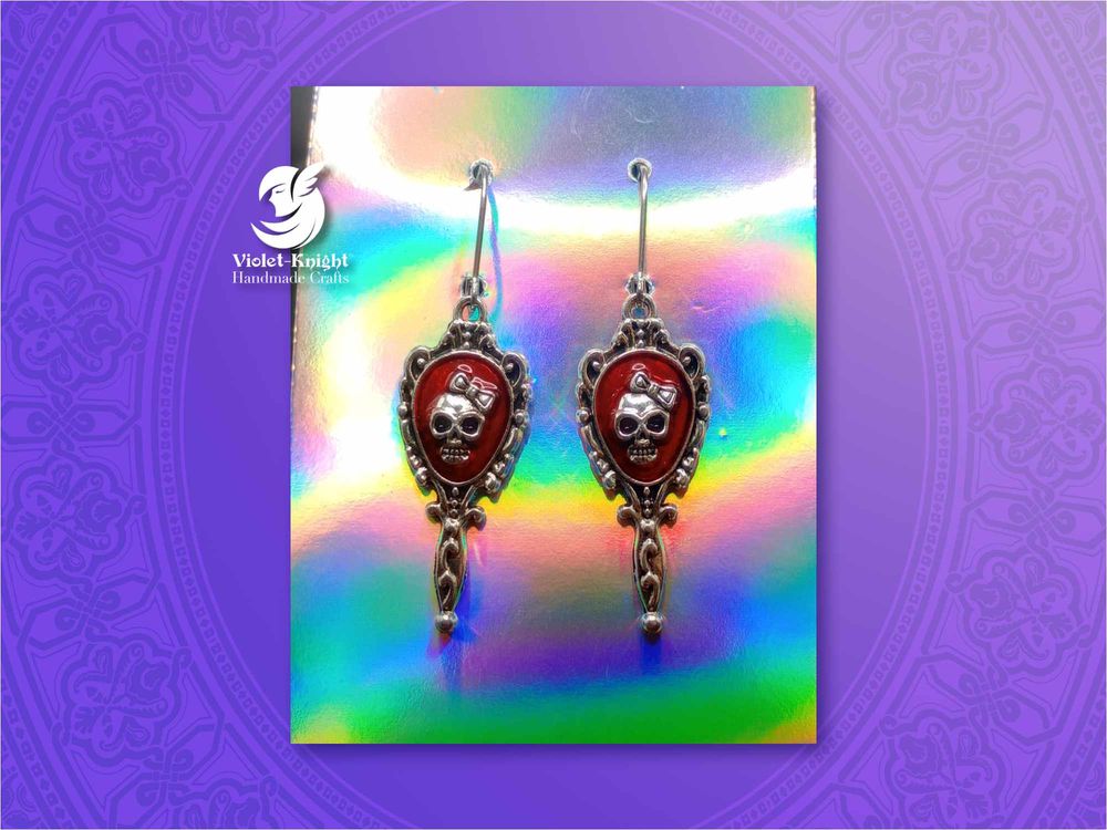  Red Skull Hand Mirror and Bow Dangle Earrings 