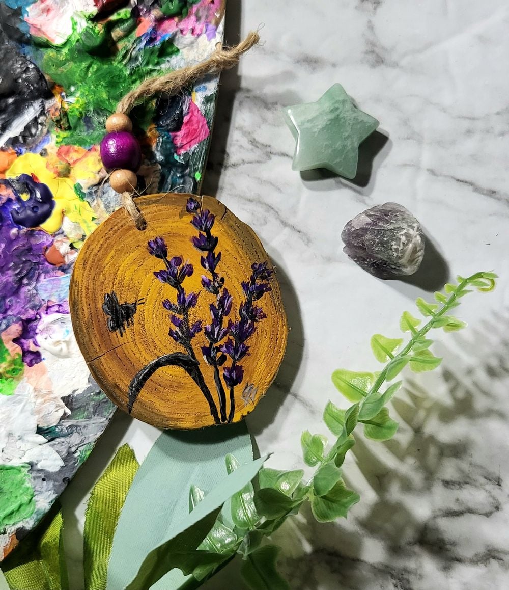 Lavender and Bumble Bee - Wood Round Ornament