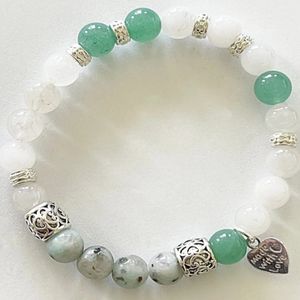 7" - Green aventine, sesame jasper, and Angola quartz with base metal spacers