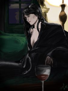 My original character, Armand, a blind vampire, who is as sweet as a cinnamon roll. He is done as a digital painting, digital drawing, digital art, in an oil painting portrait style