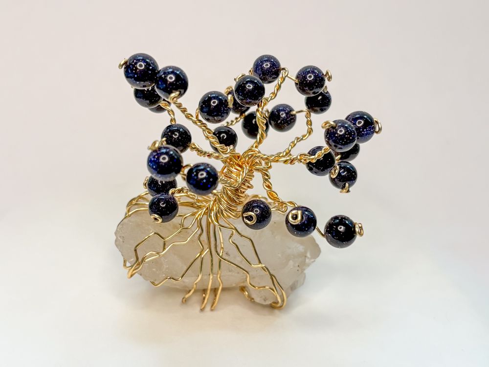 Blue Goldstone and Quartz Wire Tree Sculpture