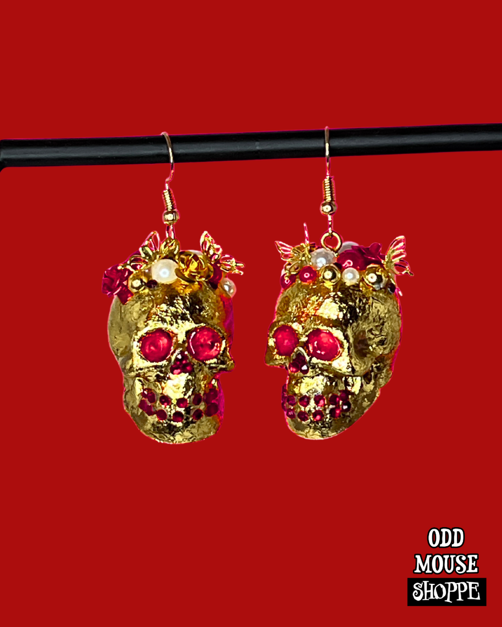 Skull Earrings Gold Foil Red