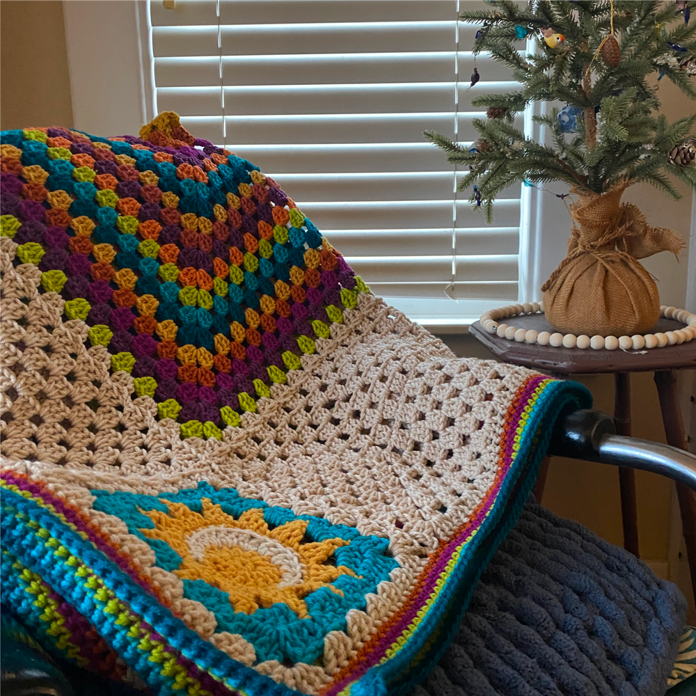 Crochet Afghan – Sun & Moon Granny Square Blanket, Handmade Gift of Love & Hope